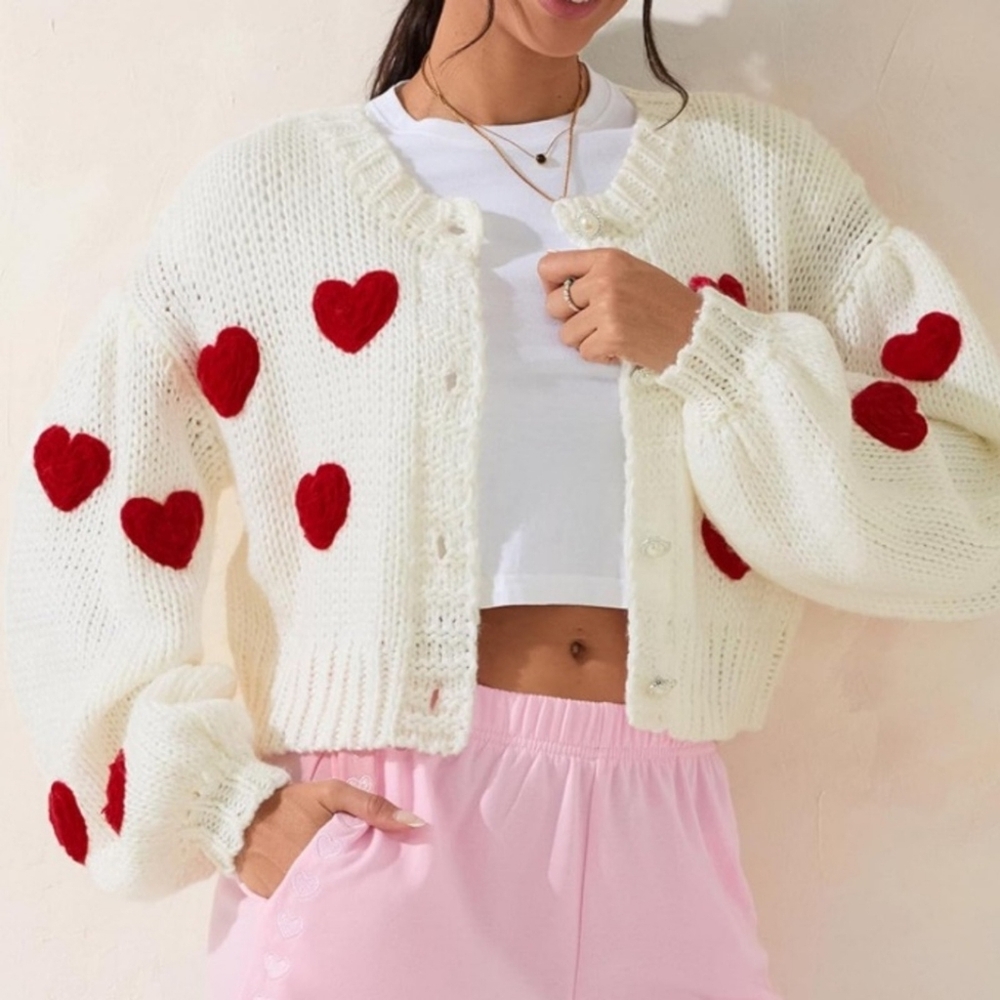 LUNA IVY 3D Heart White Cardigan Size S